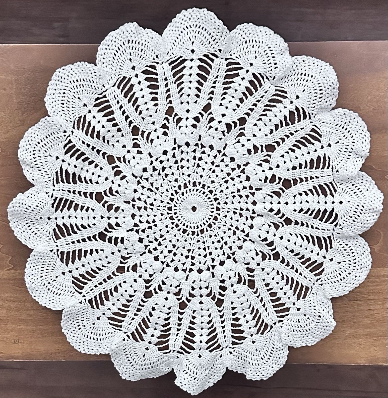 Vintage White Hand Crocheted Round Doily Scalloped Ruffled Edge 19.5”