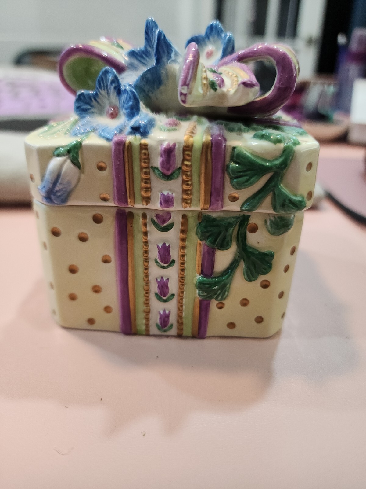 Fitz & Floyd Trinket Box With Blue Flowers & Purple Ribbon.