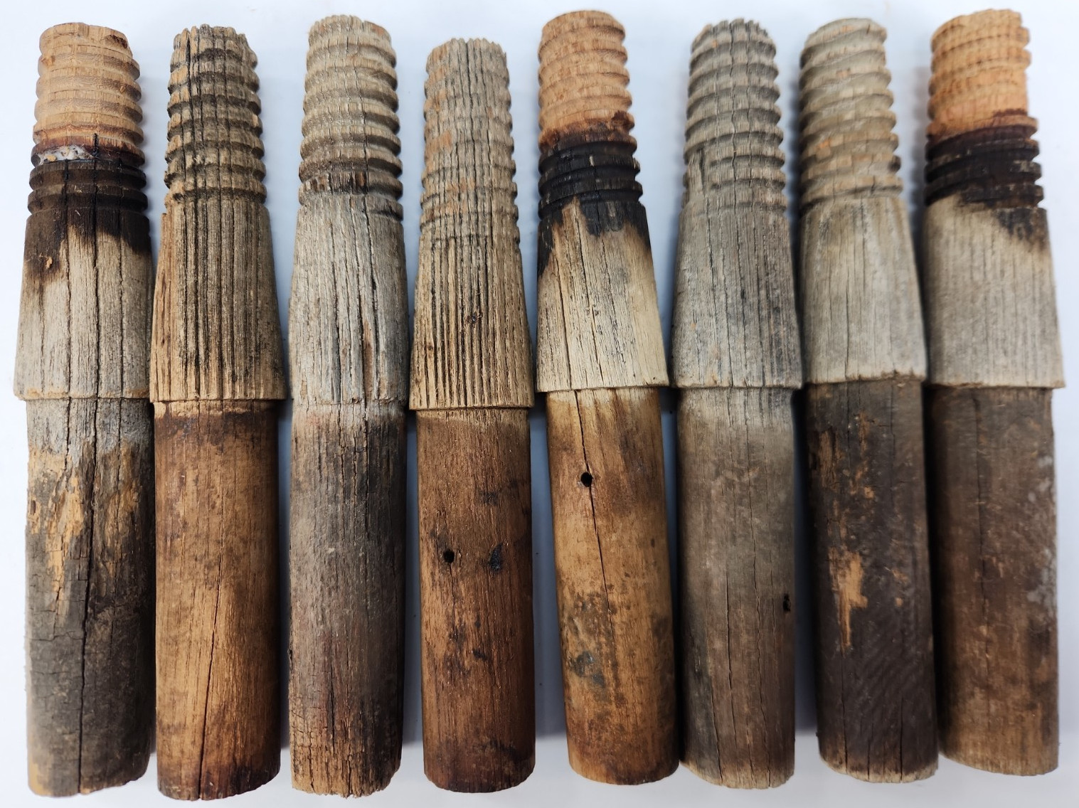 Lot of 8 Vintage Wooden Threaded Peg / Pin Post Mount For Glass Insulators 8″