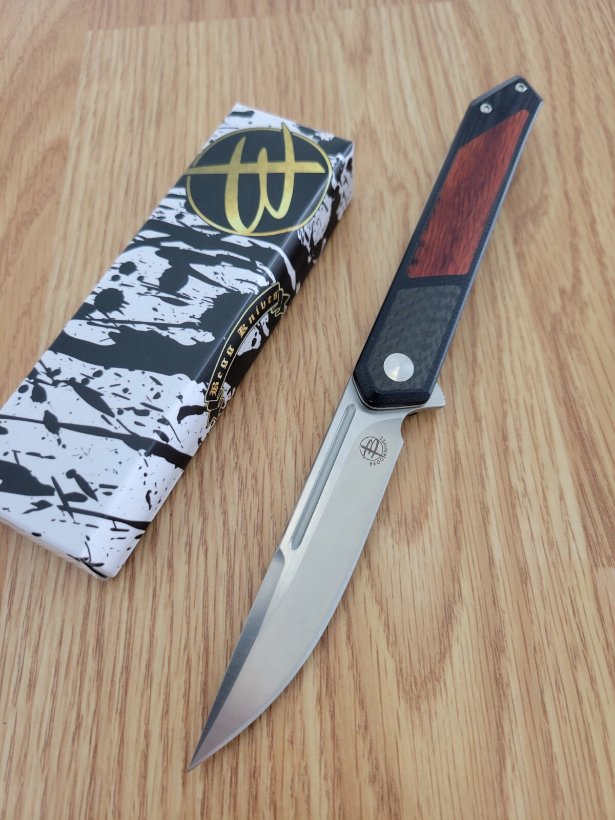 Begg Knives Kwaiken Folding Knife 3.50 D2 Tool Steel Blade G10/Carbon Fiber/Wood