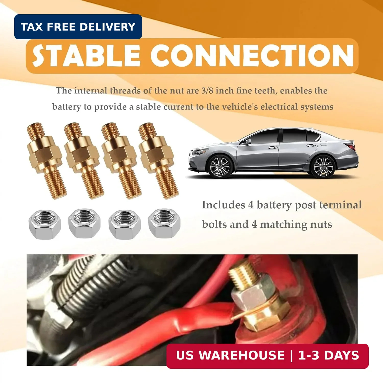 4 Set Side Post Battery Terminal Extension Bolt with Nuts,3/8″-16 Coarse and 3/8