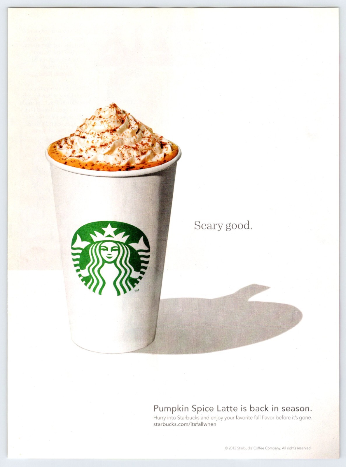 2012 STARBUCKS PUMPKIN SPICE LATTE SCARY GOOD 7.5″X10.5″ Magazine Ad M516