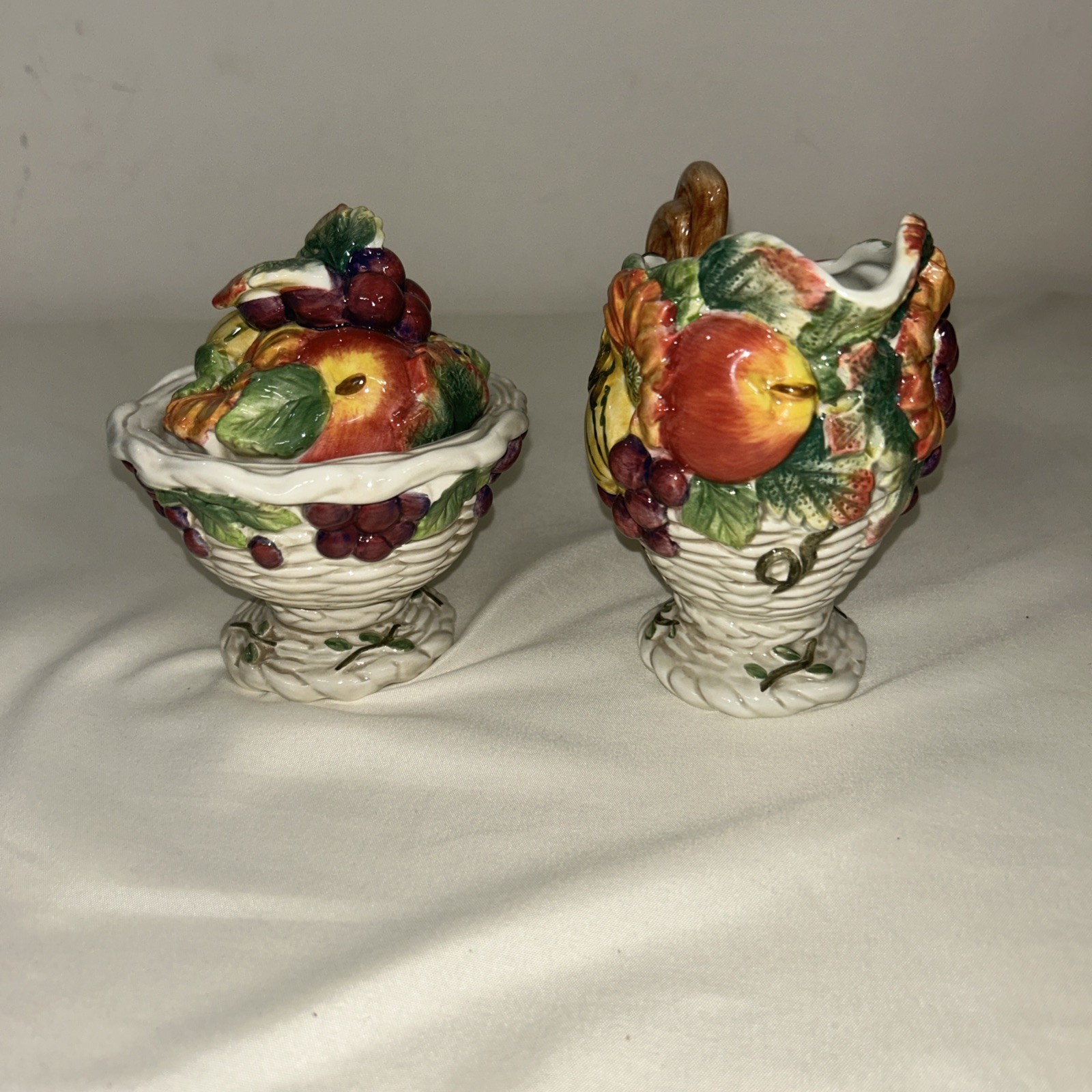 FITZ & FLOYD HARVEST HERITAGE CERAMIC CREAMER, SUGAR DISH WITH LID & SPOON