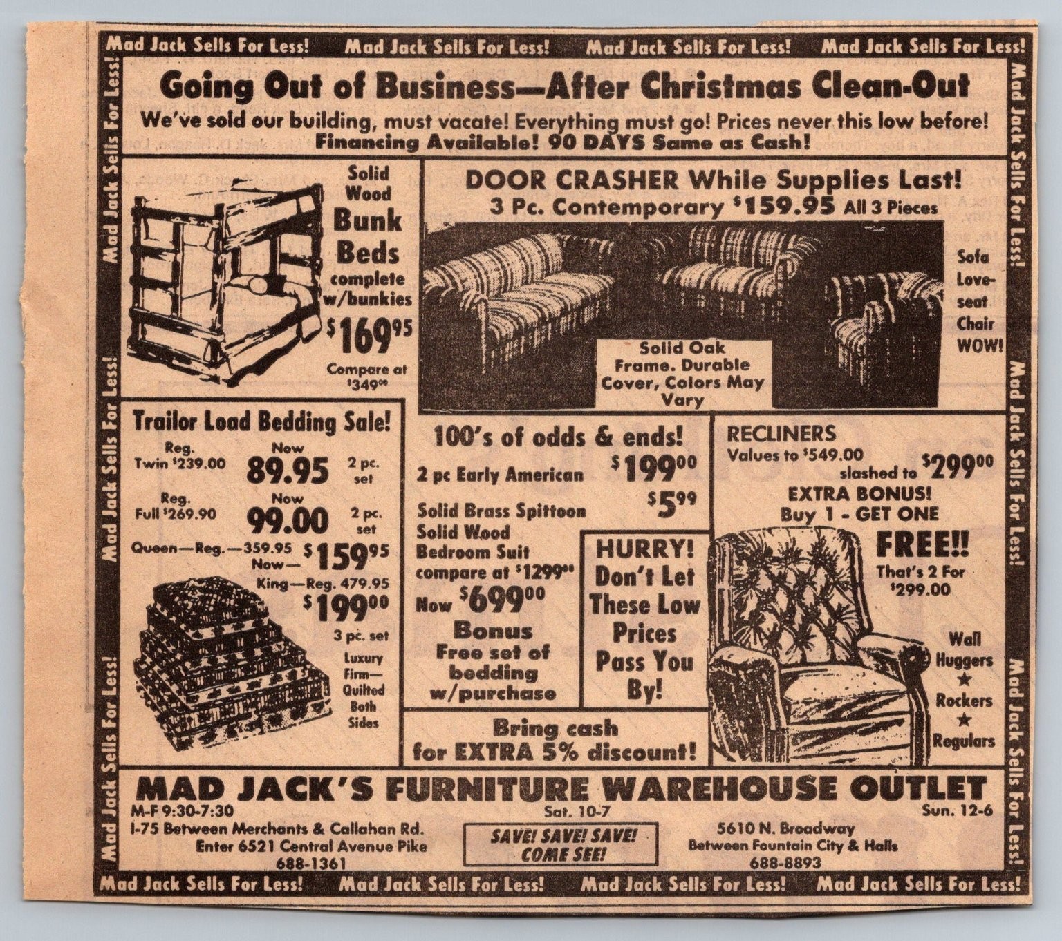 Mad Jack’s Furniture Warehouse Outlet Flyer 1980s Going Out of Business Ad Sofas