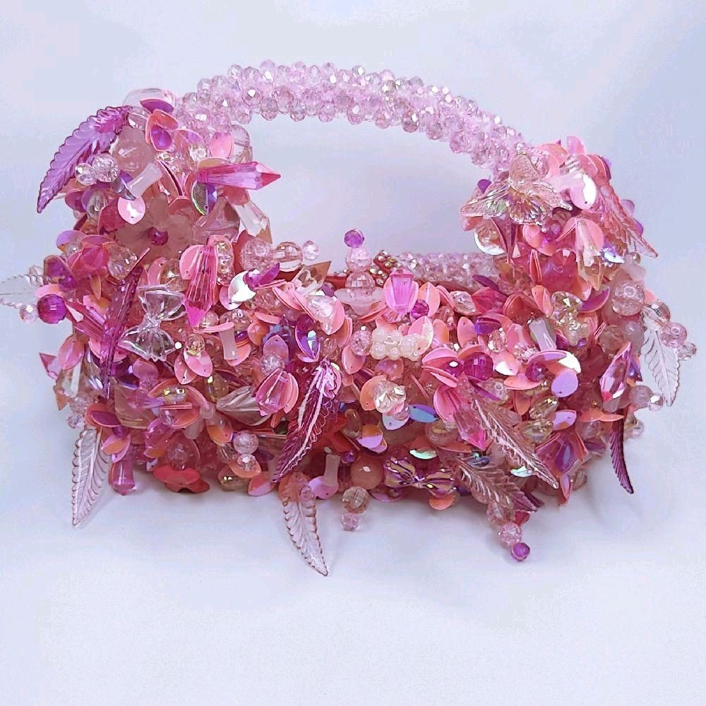 Handmade Pink Beaded Floral Oval Decorative Handle Small Bag For All occasions