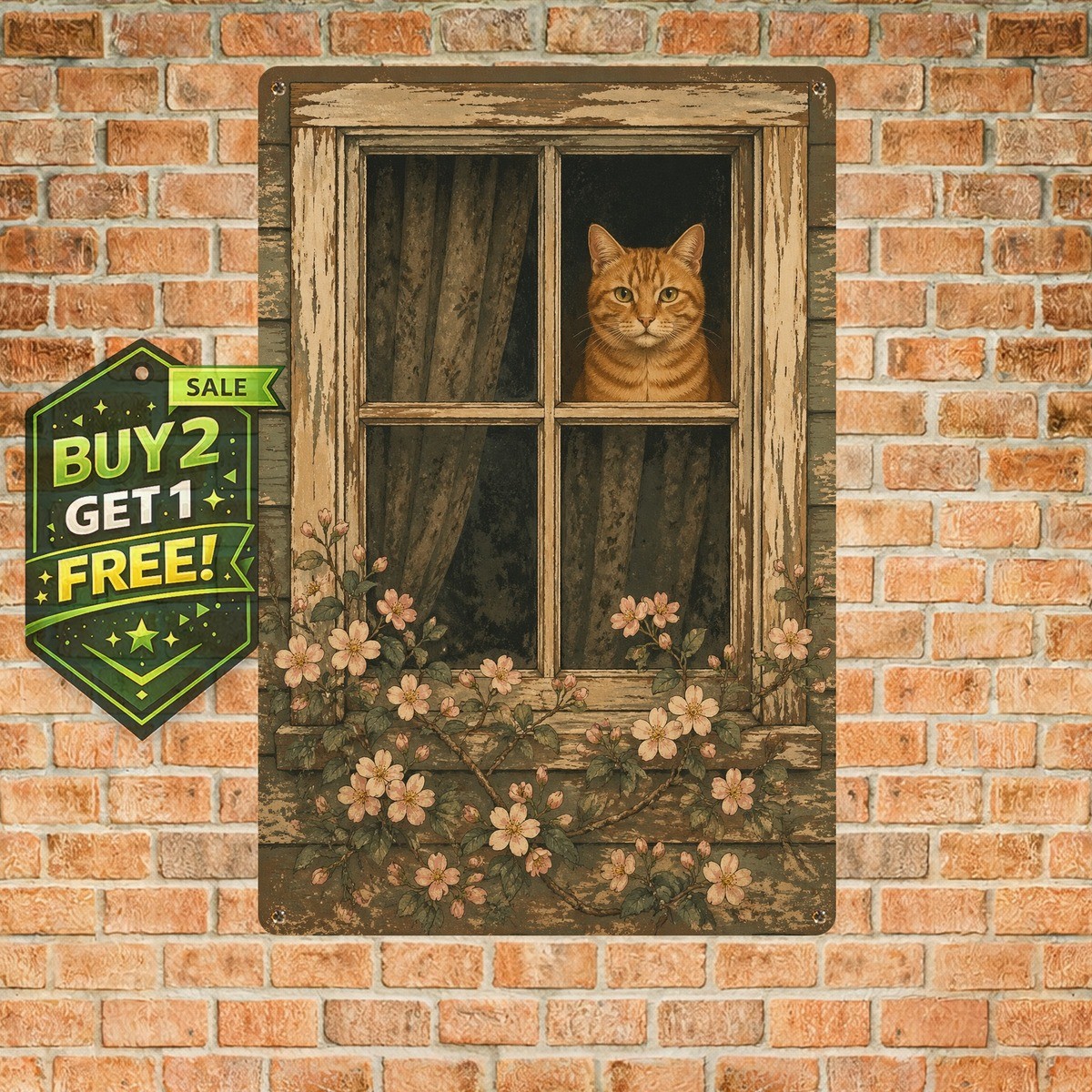 Garden Window Cat Metal Sign Vintage Whimsical Feline Porch Wall Art 8×12
