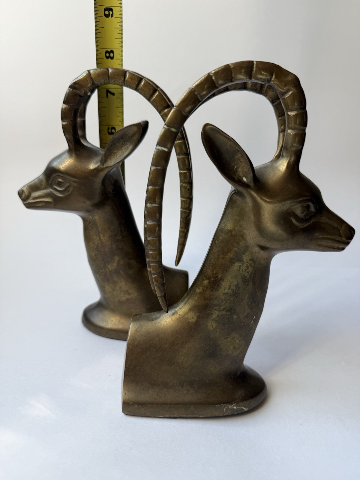VTG • MCM Brass Gazelle Ibex Bookends Hollywood Regency Made in Korea 7” Patina