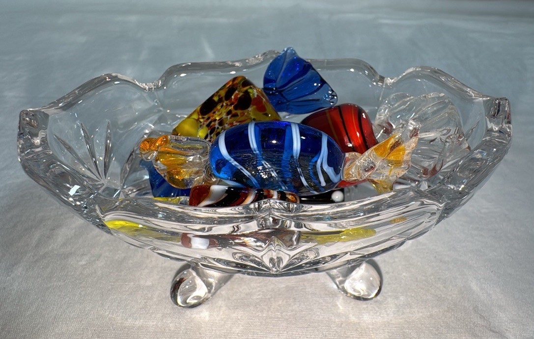 Vintage Hand Blown Art Glass Candy in Small Crystal Princess House Bowl