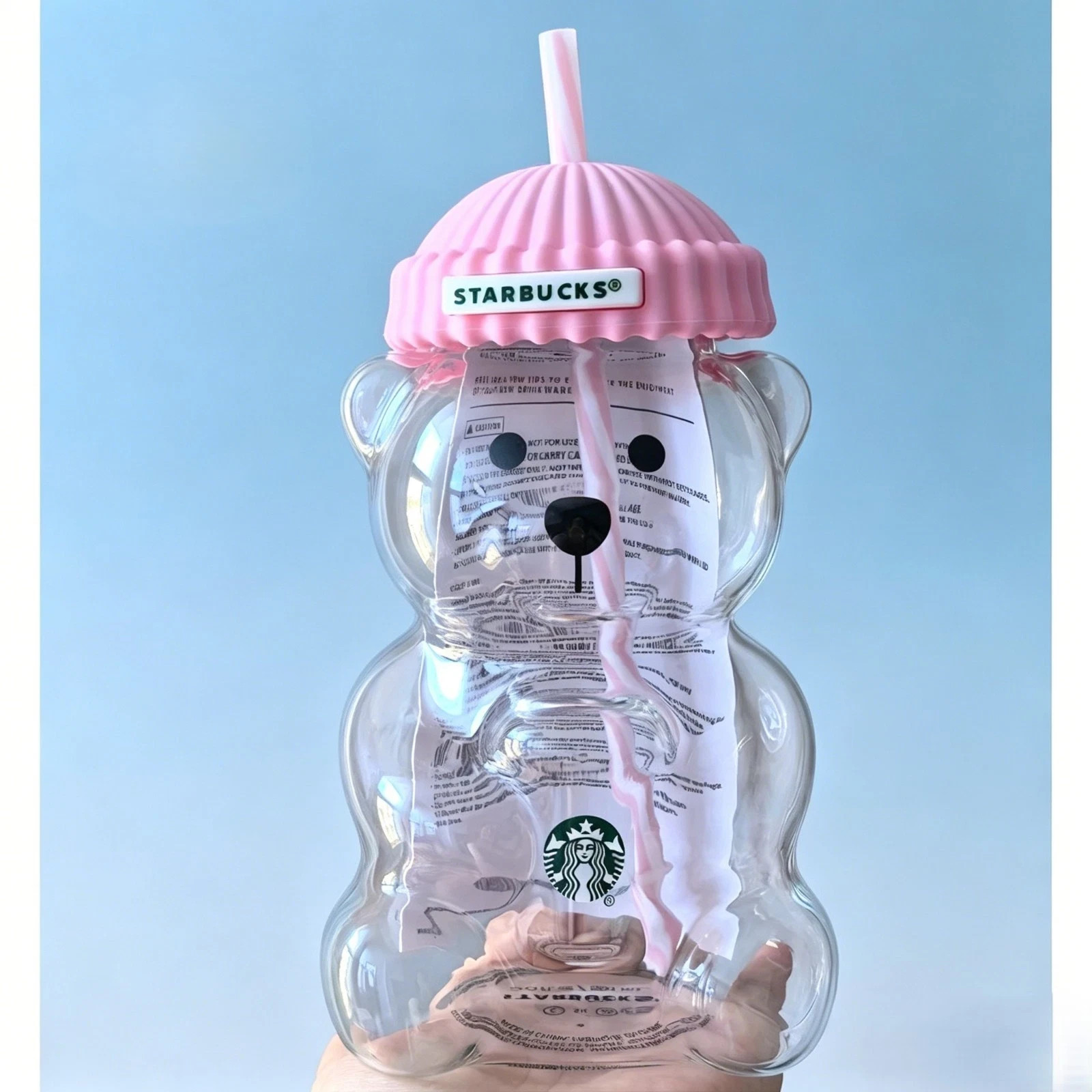 Starbucks Bearista Pink Bear Glass Tumbler Cold Cup with Straw 20oz 591ml