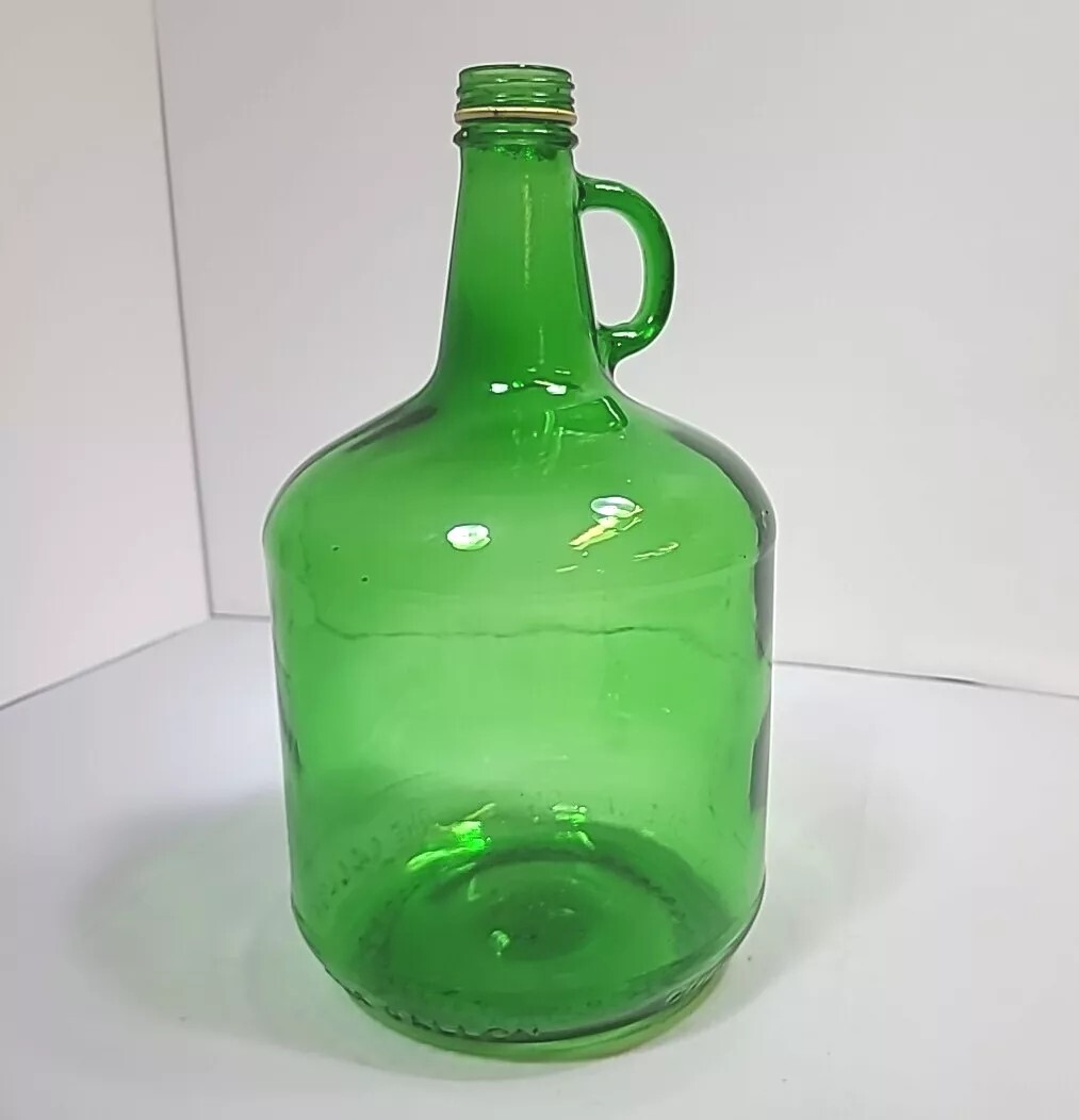 Vtg One Gallon Green Jug Glass Bottle Large Finger Loop Emobosed 1 Gal Wine Jug