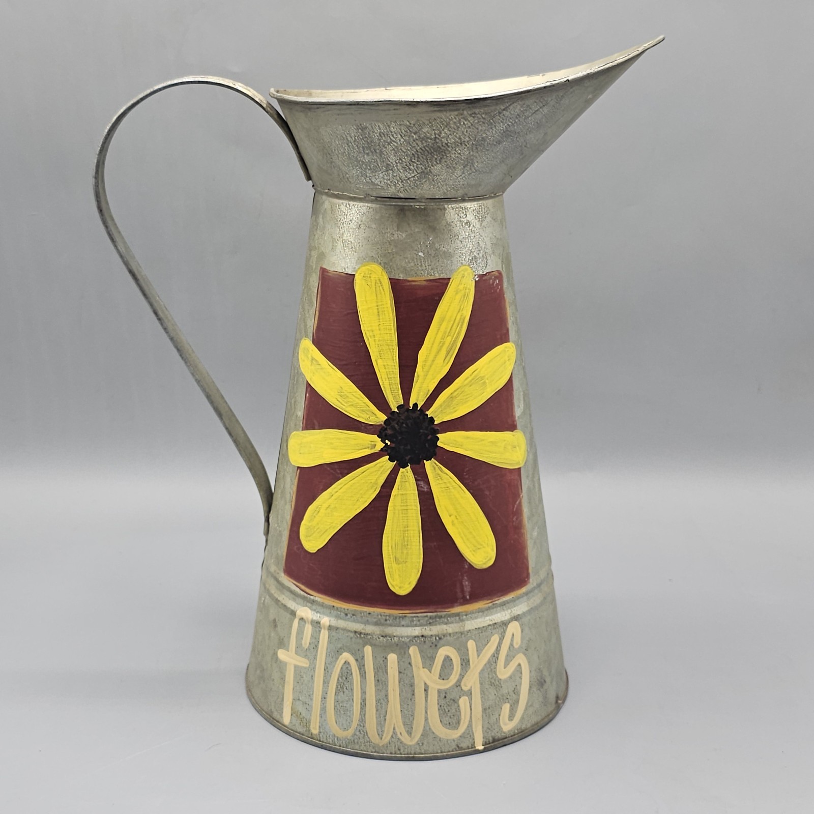 Vintage Galvanized Steel Hand Painted Sunflower Watering Pitcher Rustic Cottage