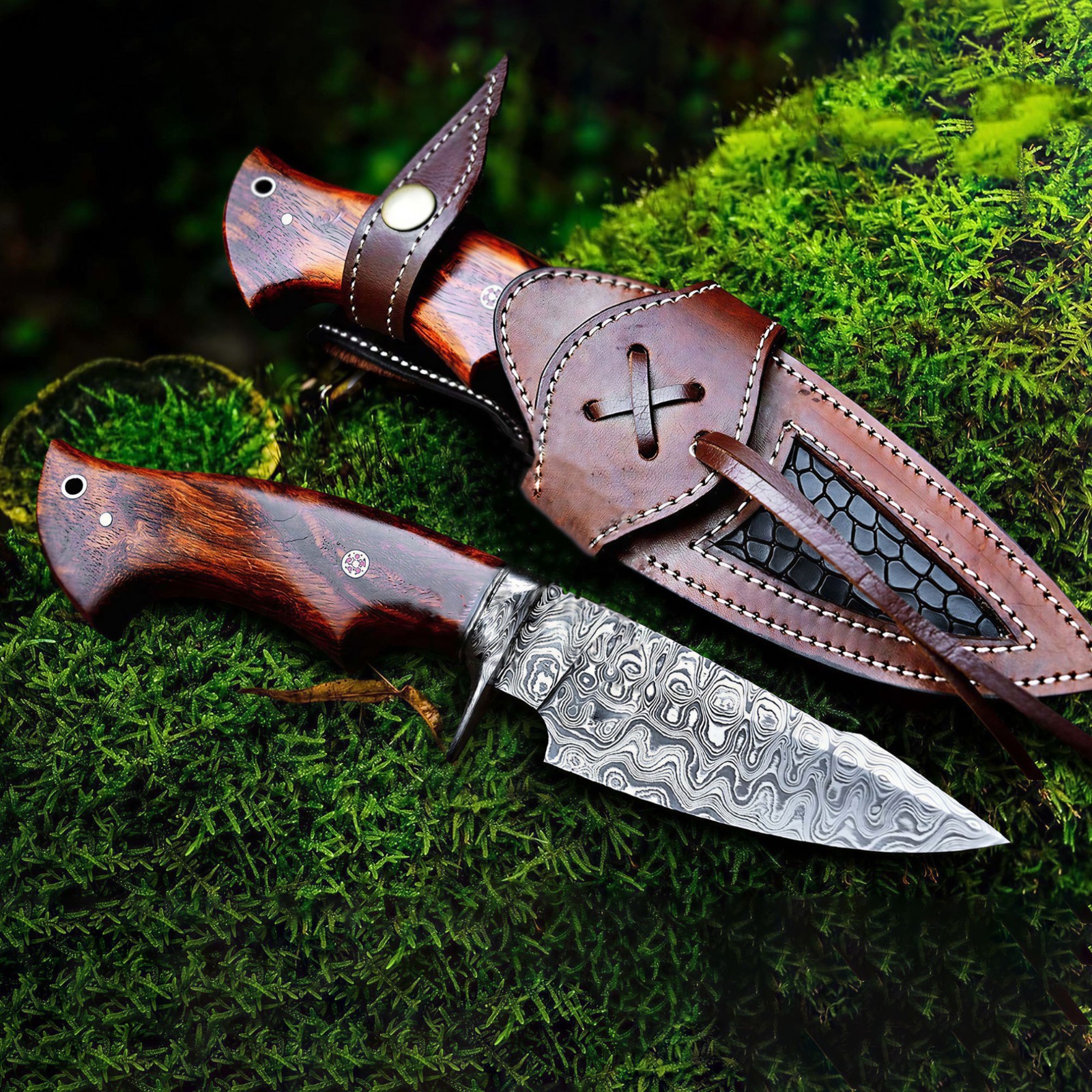 Damascus Steel Bowie Hunting Knife– Handmade Rosewood Handle With Leather Sheath