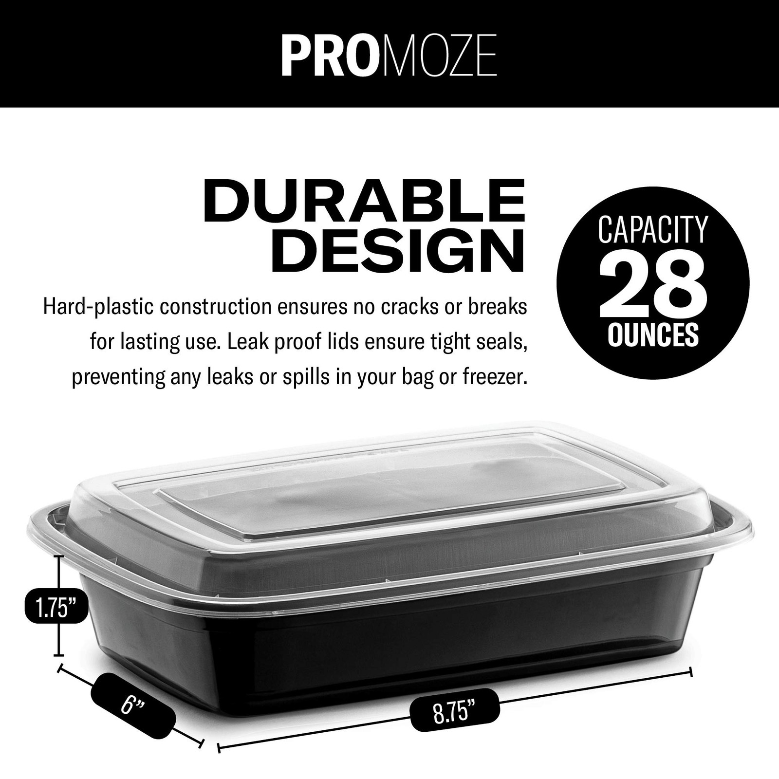 50-Pack Reusable Meal Prep Containers Microwave Safe Food LARGE, Black