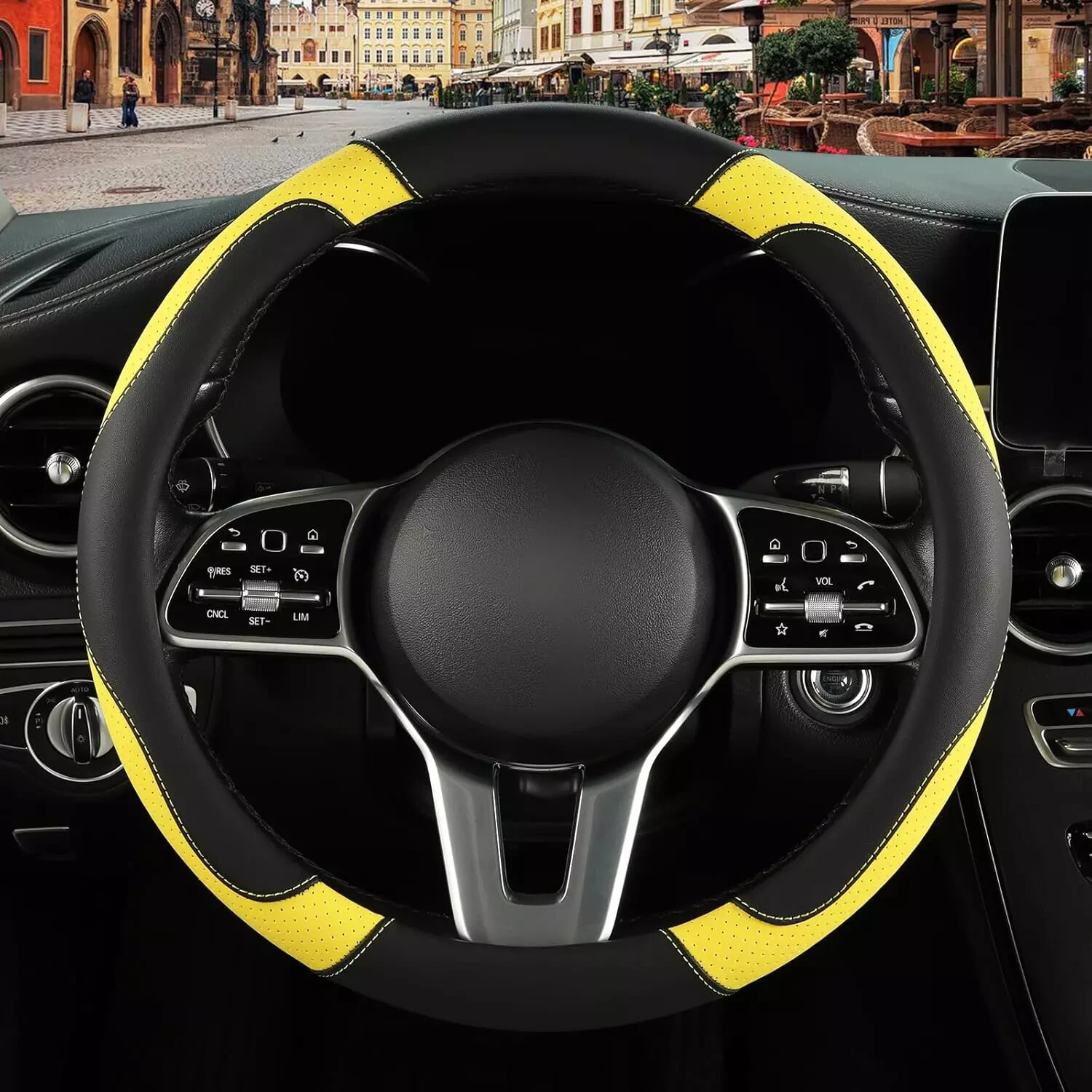 Leather Steering Wheel Cover, Breathable Anti Slip & Odor Free, Black and Yellow