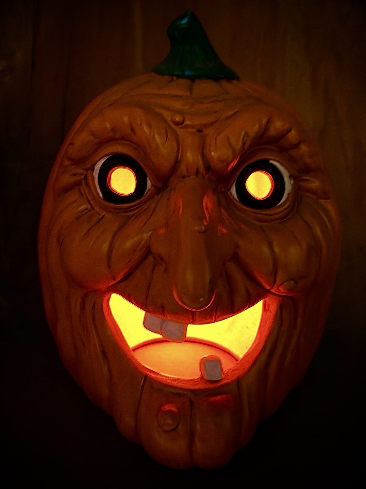 Vintage 1980s Halloween Lighted Ceramic Witch Face Jack O Lantern Pumpkin Lamp