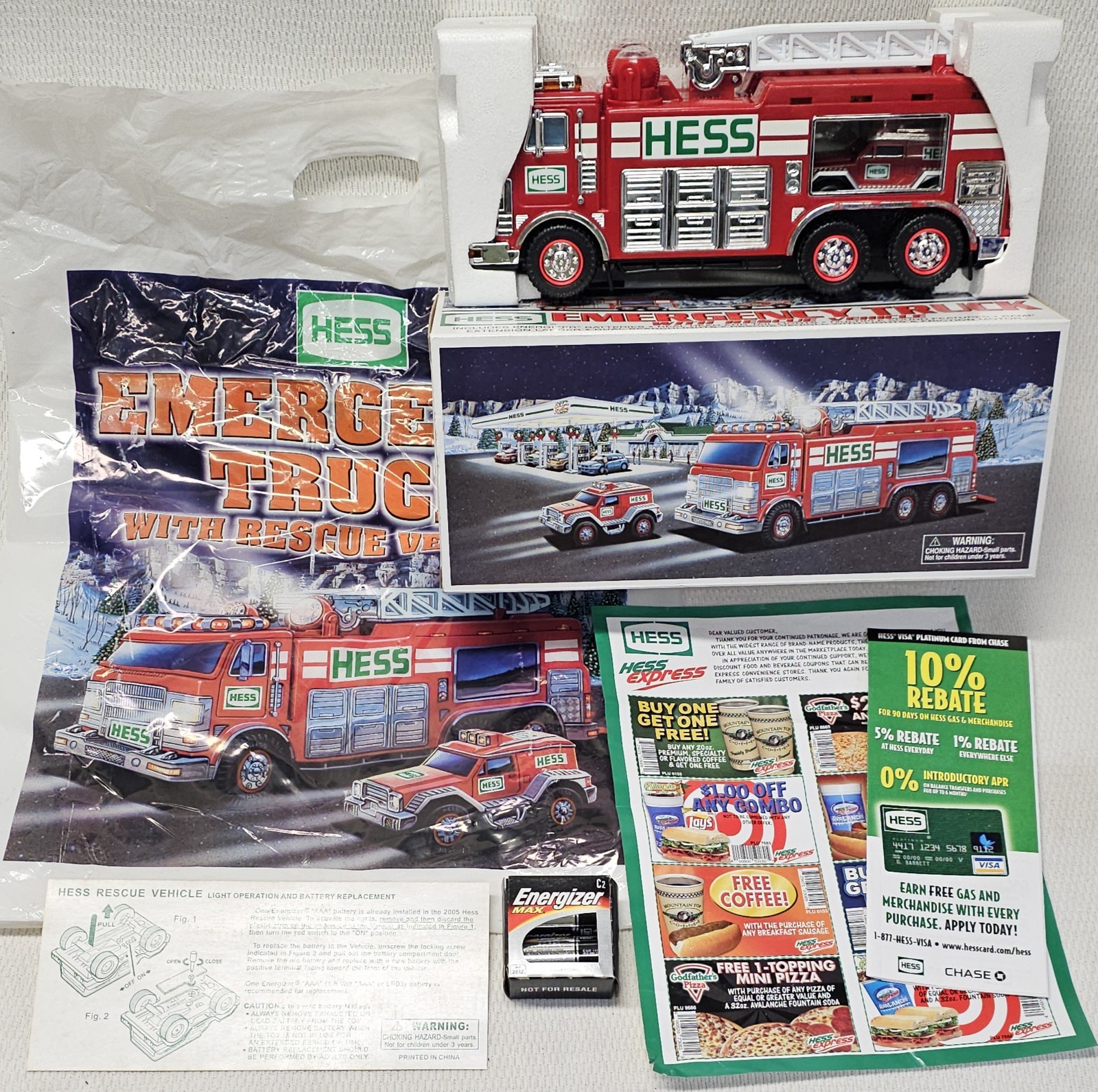 HESS 2005 NOS Emergency Fire Truck w/Rescue Vehicle Original Bag Inserts MINT