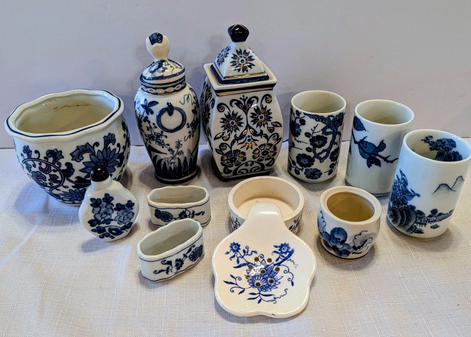 🔥Lot Of 12 Piece: Floral Blue and White Ceramic Containers, Tea strainer, Misc.