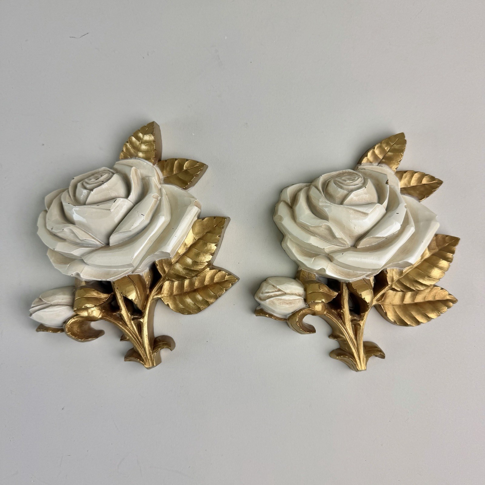 Vintage Homco Gold & White Roses Wall Plaques Hollywood Regency 1970’s MCM