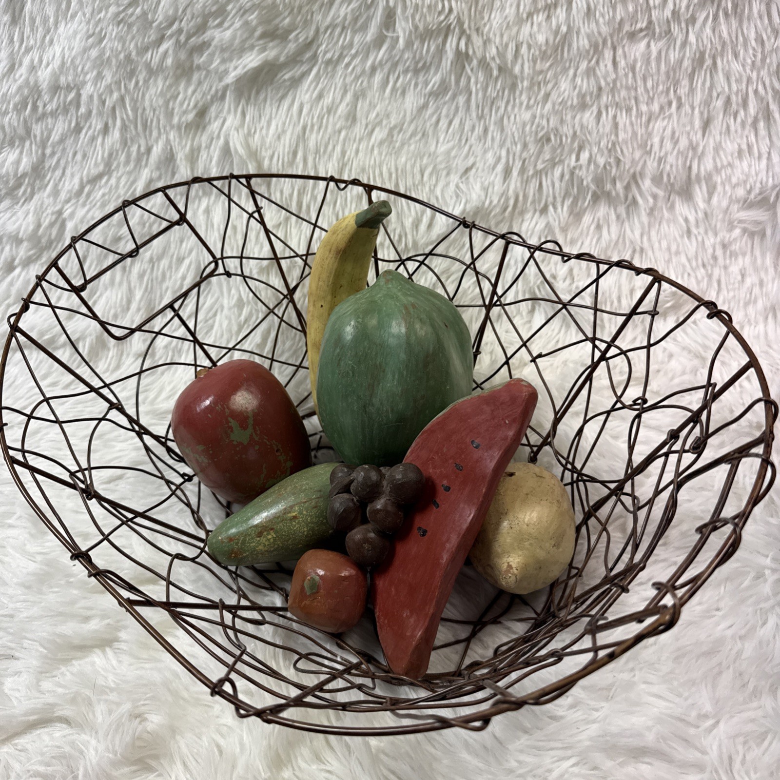 Vintage Hand Painted Composition Fruit Set 8pc Rustic Wire Basket Farmhouse