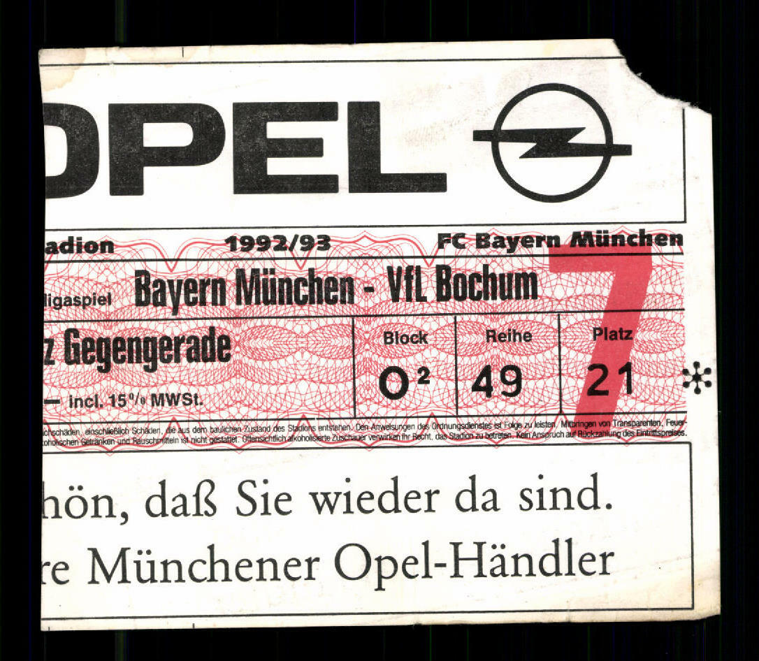 Ticket BL Bayern Munich v VfL Bochum 1992-93 + G 36450