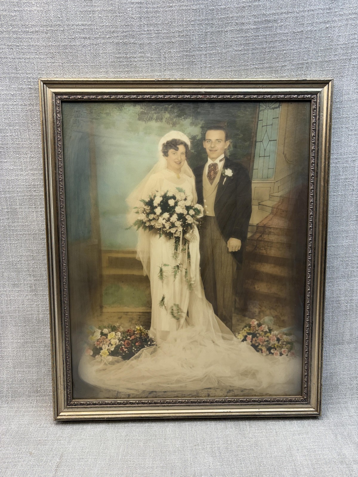 Vintage Hand Tinted Framed Wedding Photograph Bride Groom 16x20in USA As Is