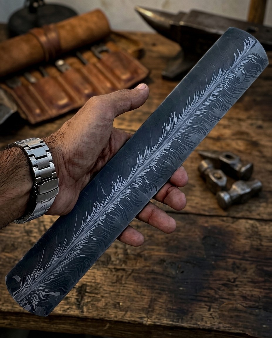 Custom Made Forged Damascus Steel Blank Billet Bar Knife Making San Mai Feather