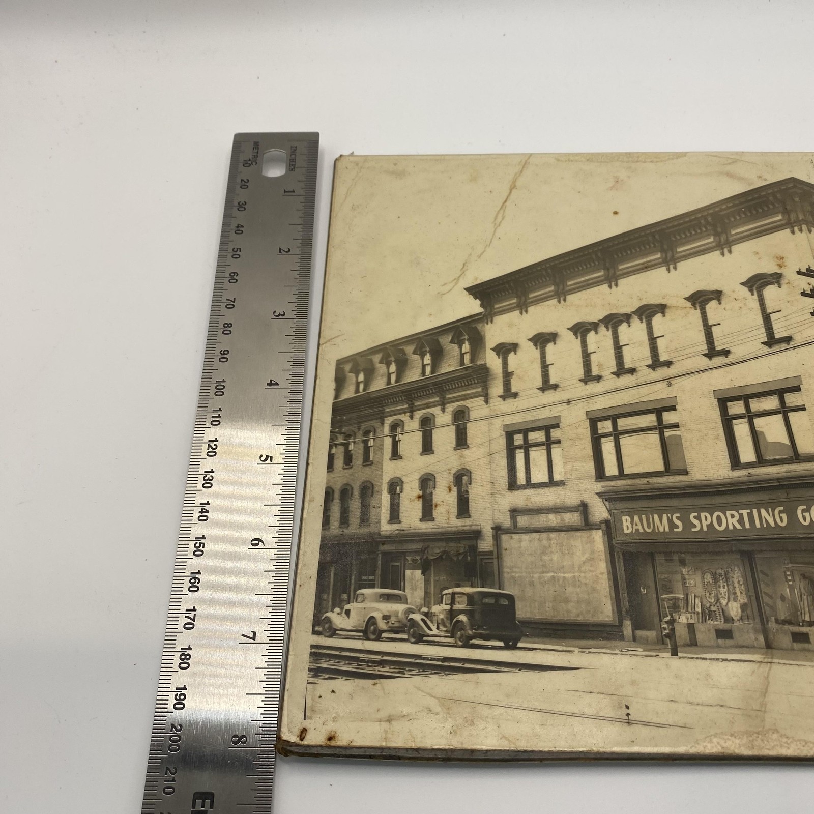Vtg 1930s Baum’s Sporting Goods Storefront 8×10 B&W Photo Cars Street Scene