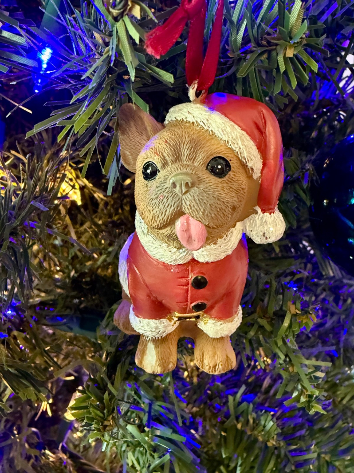French Bulldog Fawn Frenchie Christmas Tree Ornament Red Santa Hat & Jacket