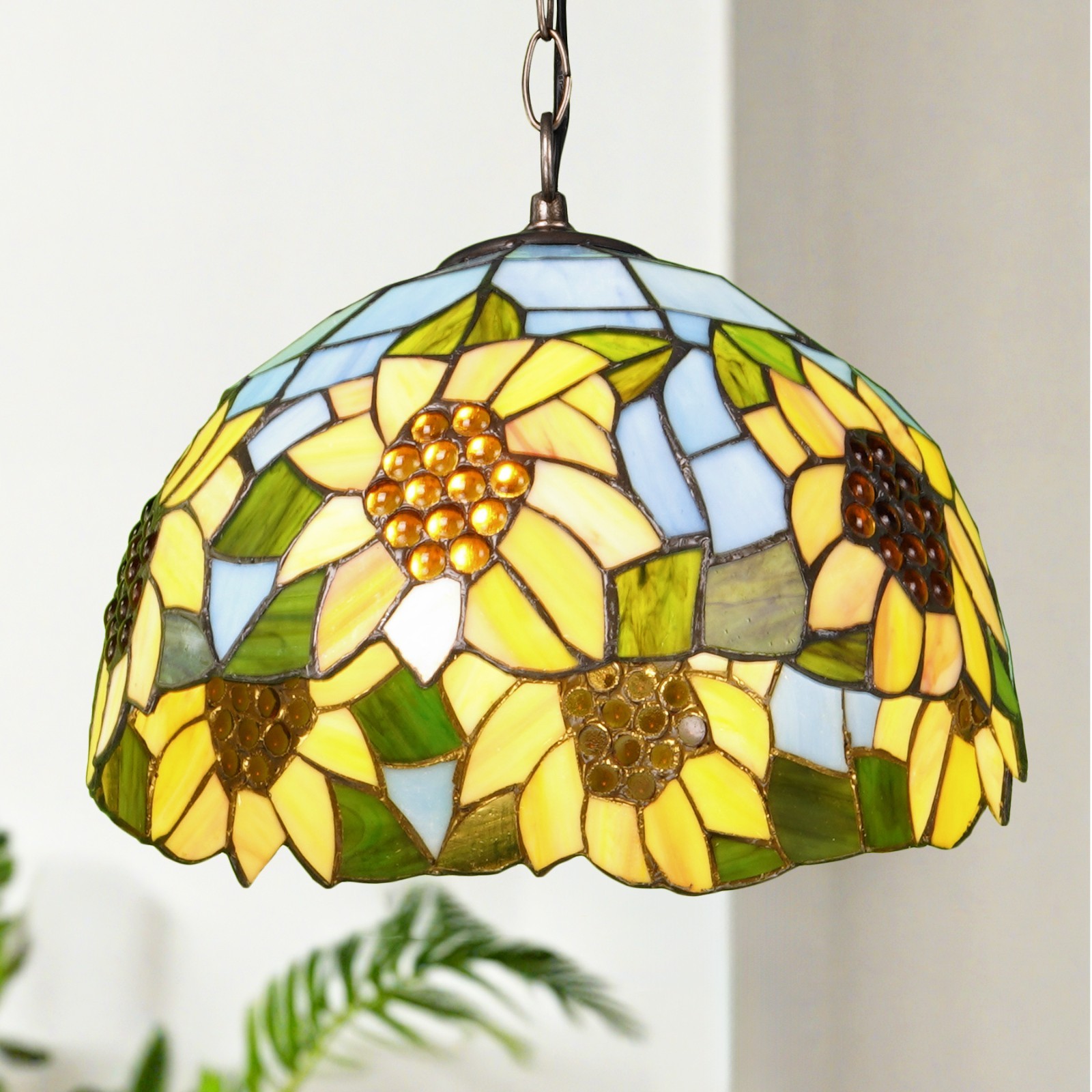 12”Single Head Floral Glass Lamp, Sunflower Tiffany Pendant Light, Bedroom Lamp