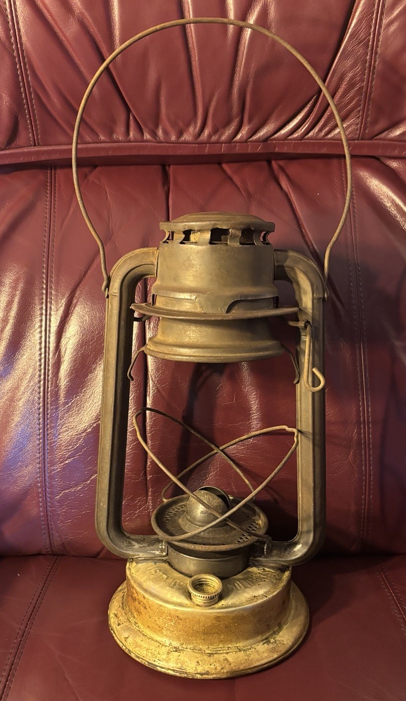 Antique VTG C T Ham Nustyle Cold Blast Lantern Rare Top Chimney Lift Brass Tank