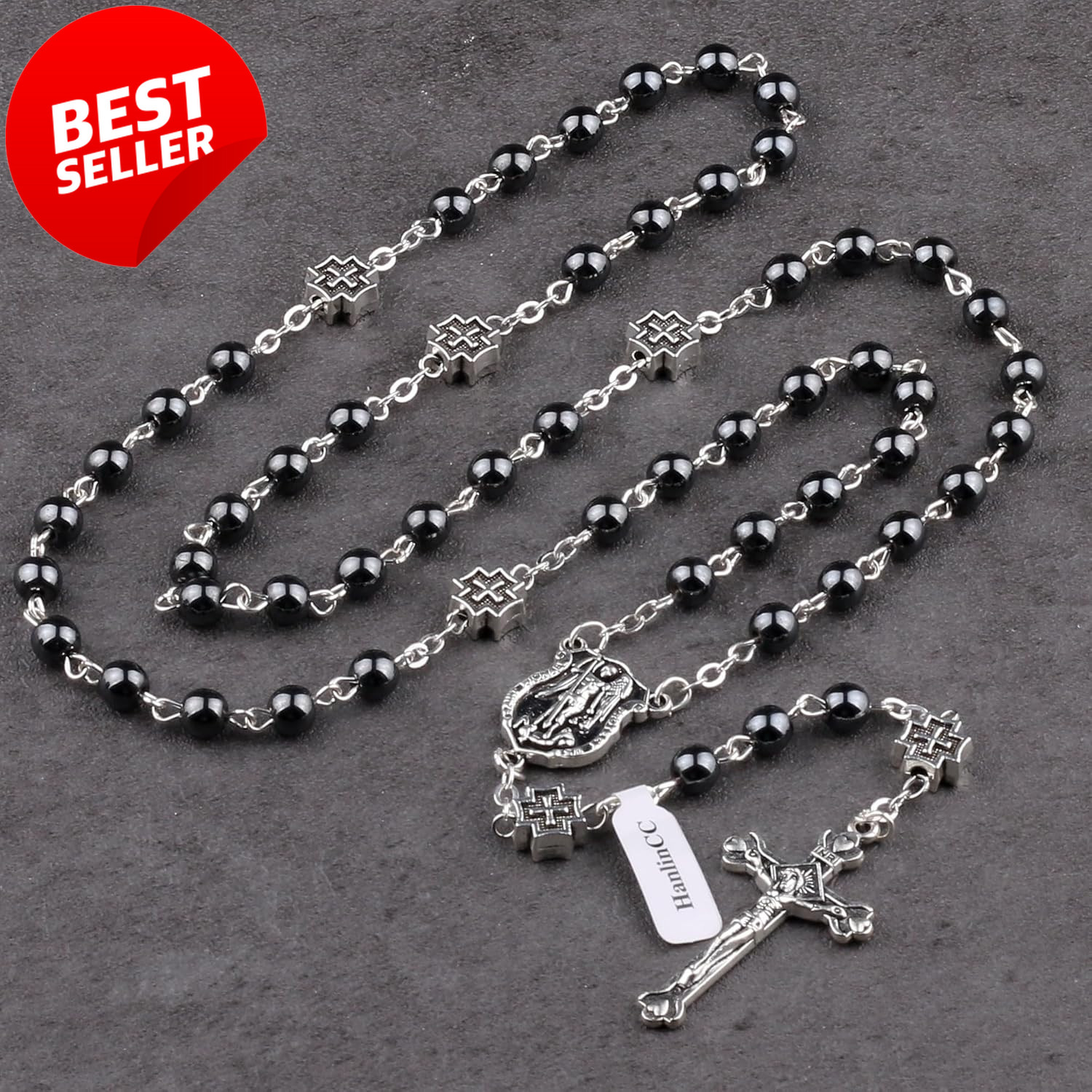 St. Michael Catholic Rosary Hematite Beads with Metal Cross in Gift Box – US