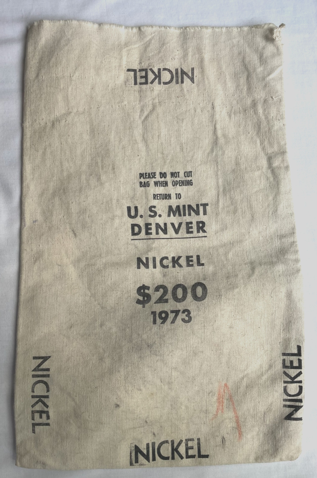 Vintage U.S. Mint Denver Nickel $200 1973 Canvas Bank Bag 17″ x 10″ Differ Stamp