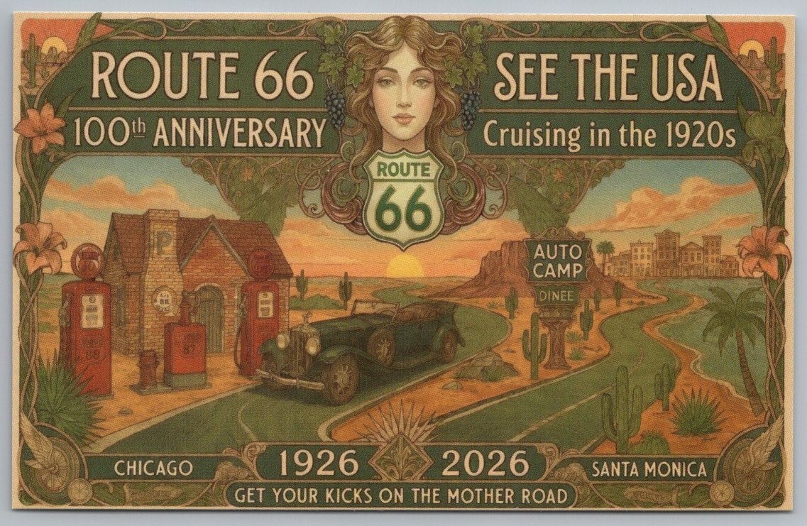Route 66 Centennial Celebration 100 Years Art Nouveau 1920s Style New Postcard