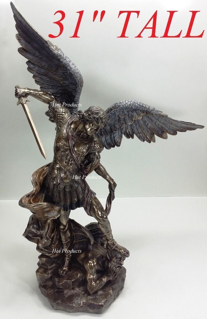 LARGE 31″ St Michael Archangel Tramples Demon Statue Sculpture Bronze Finish