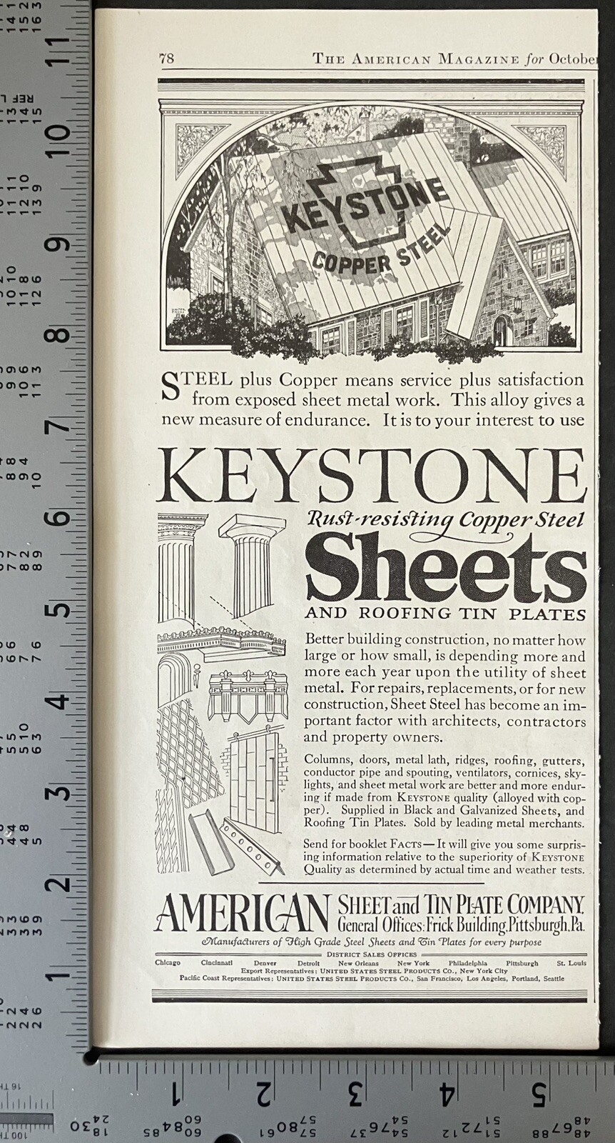 1927 Keystone Rust-Resisting Copper Steel Sheets Roofing Tin Plates Vtg Print Ad
