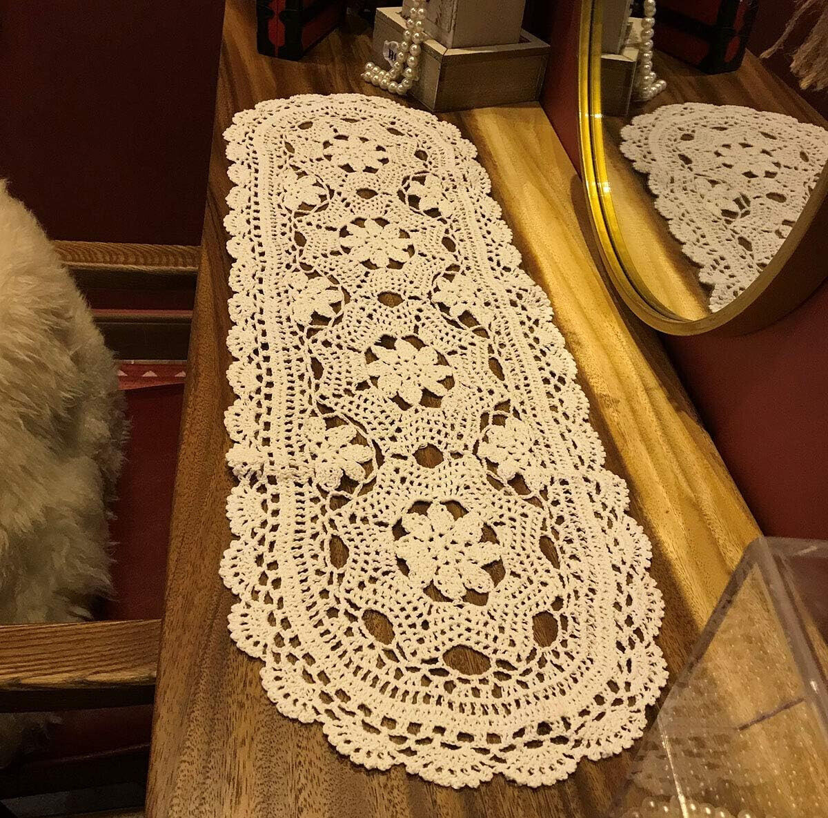 12″x40″ Vintage Hand Crochet Lace Table Runner Dresser Scarf Oval Tablecloth