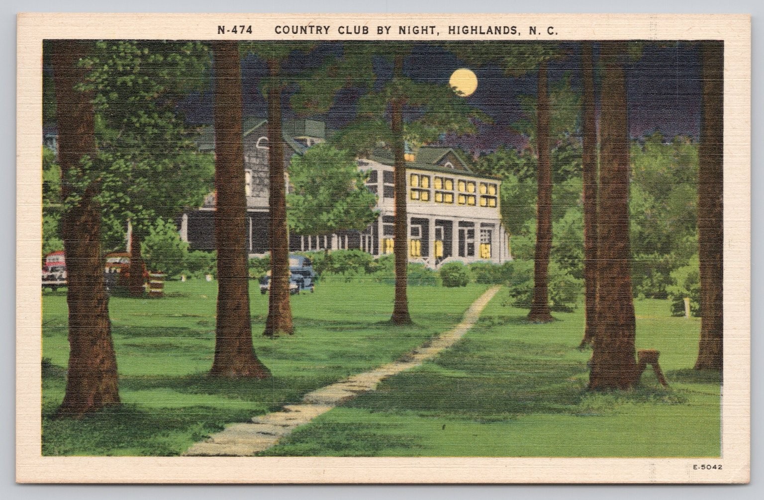 Highlands NC Country Club By Night Linen Postcard N-474 North Carolina Mountains