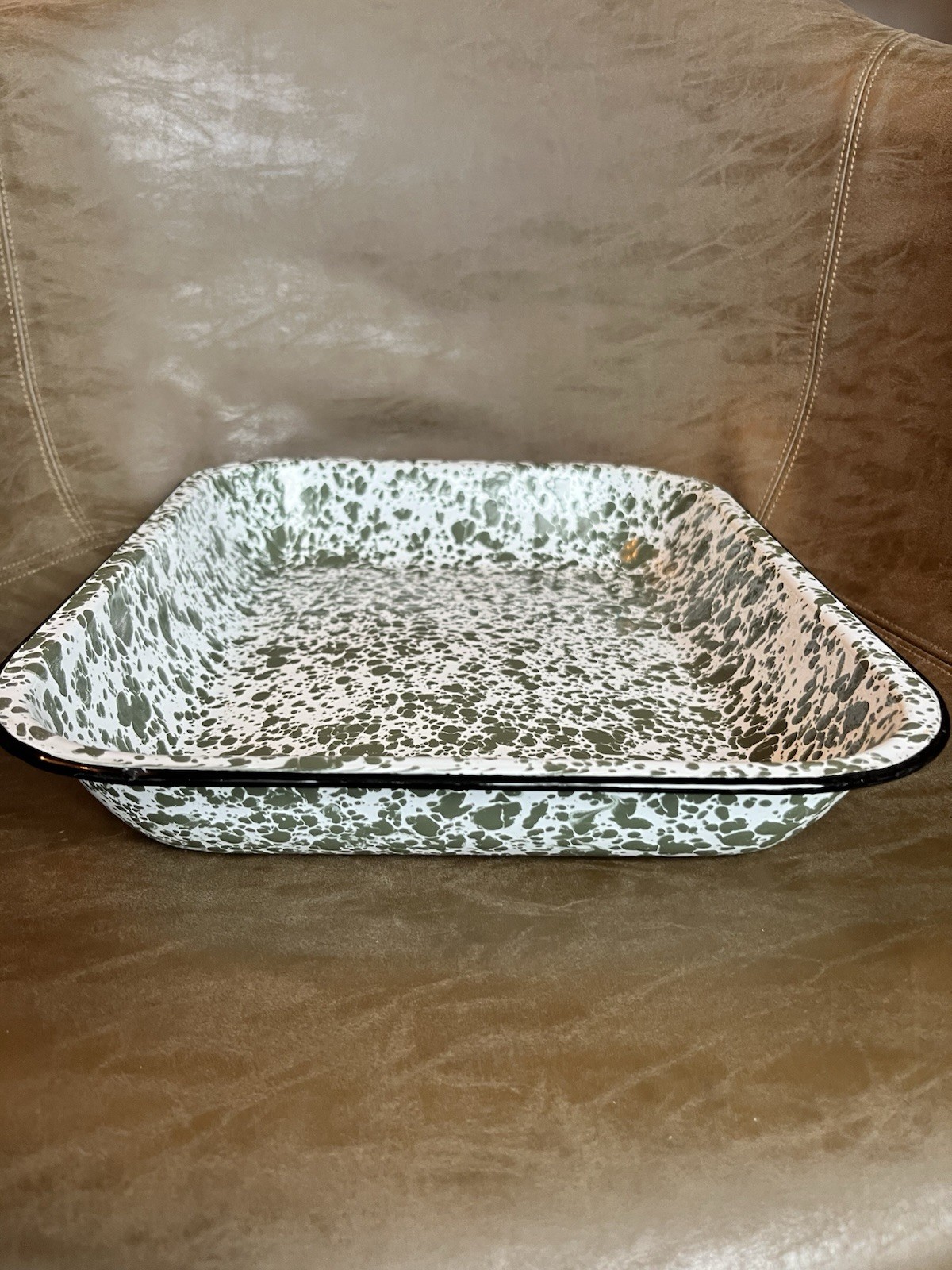 Vintage Green White Speckled Enamelware Casserole Dish Tray 13.4×11”