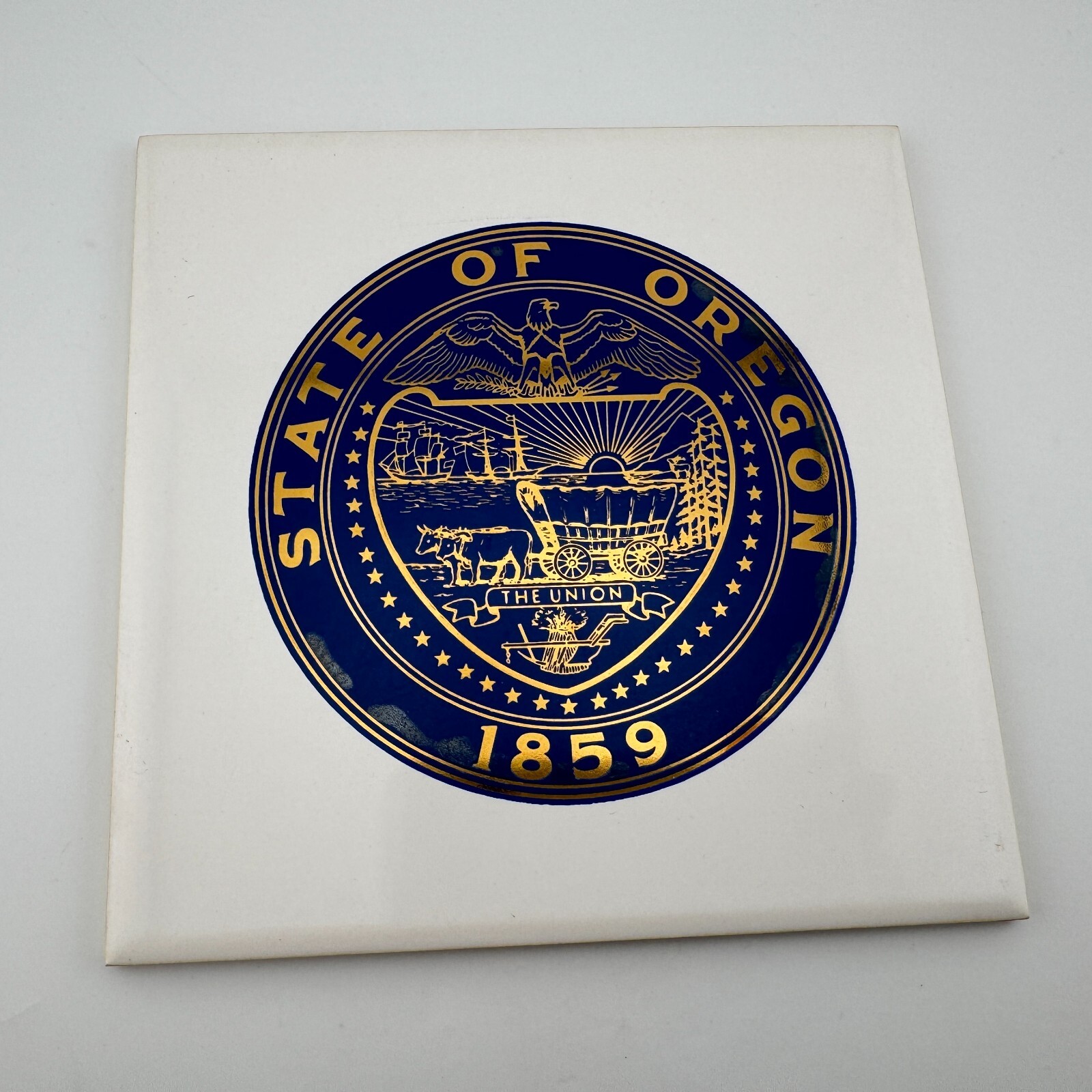 State of Oregon Seal 6″ Square Ceramic Tile or Trivet – White, Blue & Gold