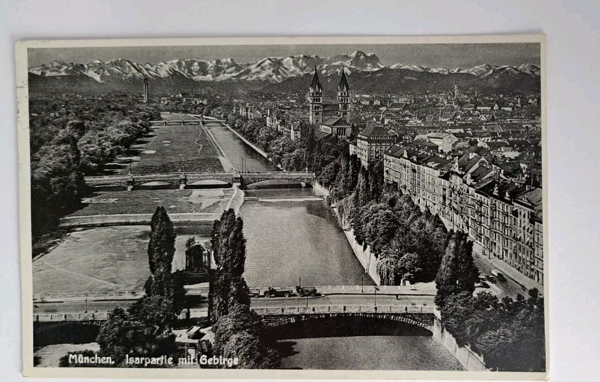 Postcard Munich, Germany. Isar River, Mountains, RPPC, Aerial View c 1937 WW2