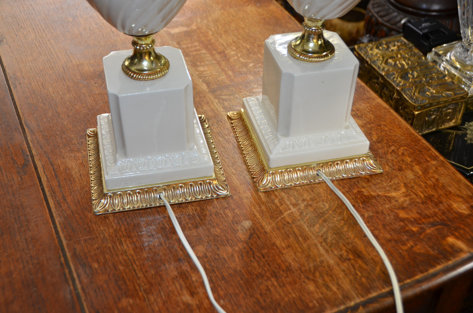 Pair Neo-Classical Porcelain Spelter Chandelier Urn Table Lamps No Shades