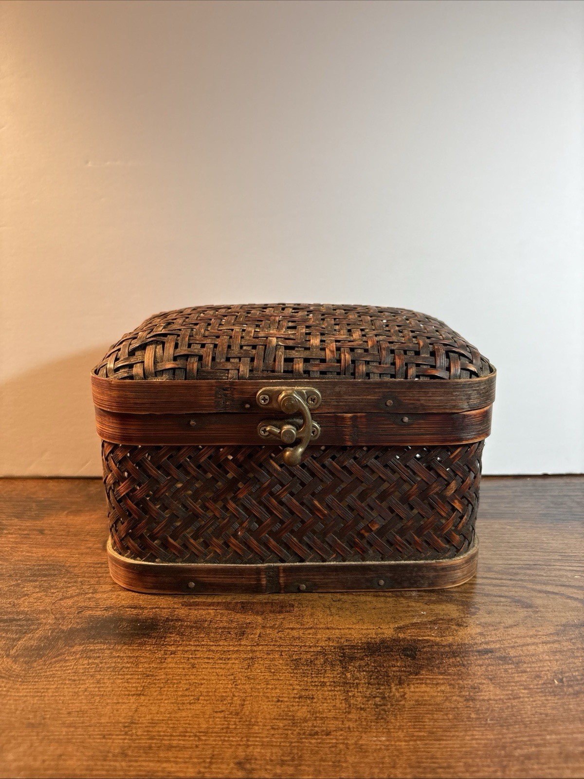Vintage Bamboo Wicker Basket Handle Latch 7”L X 5”W X 4.5” H