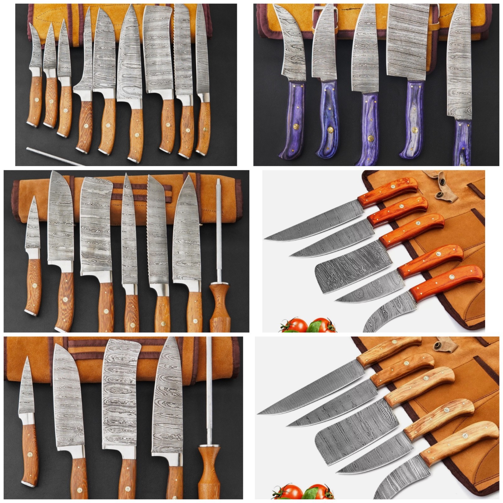 Custom Lot of 6 Damascus Kitchen Knives Set/Chef knife set with Leather roll bag