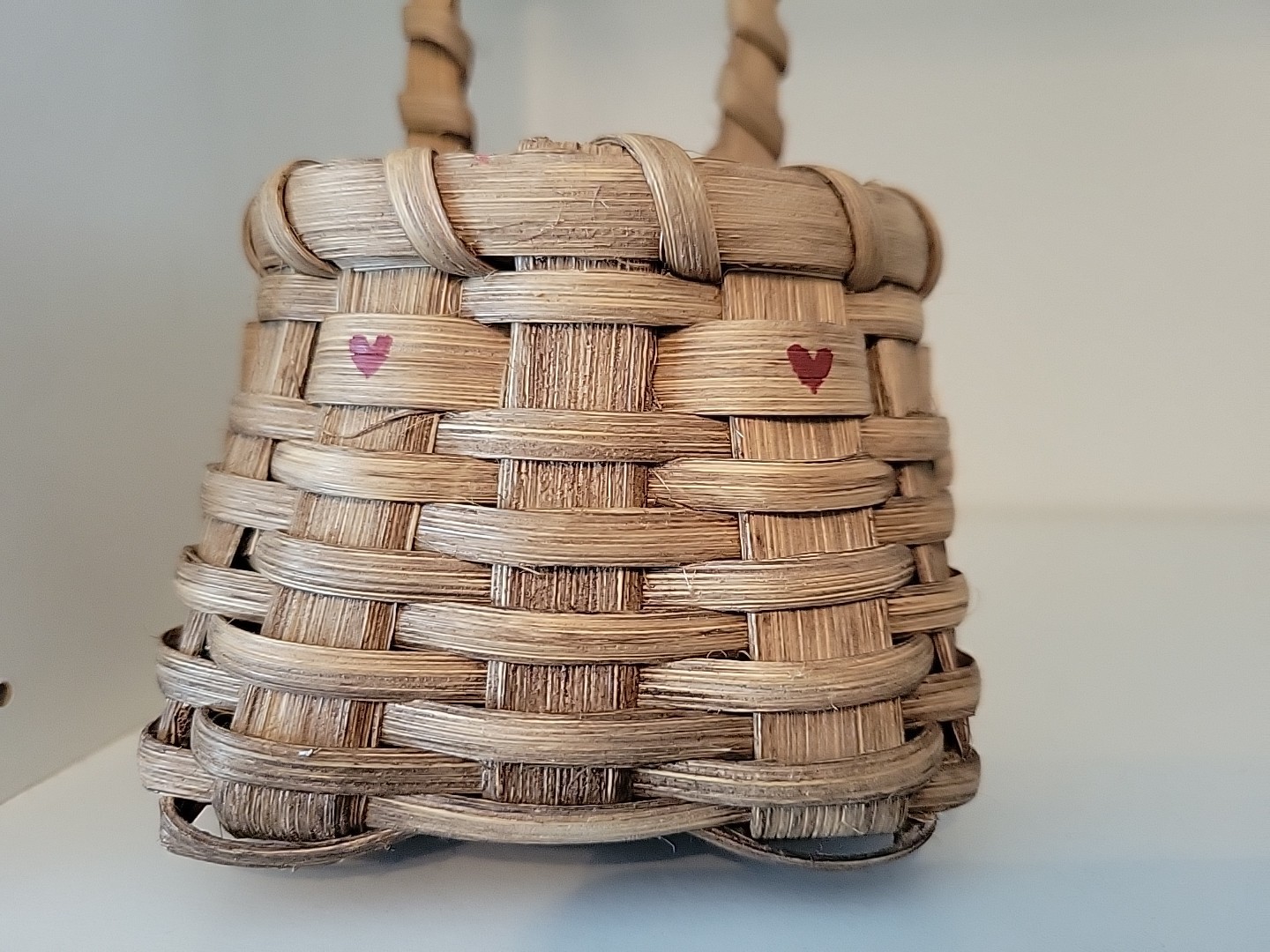 Vtg Basket Handwoven Split Oak Signed MG 93 Hearts Gift Rustic country handle
