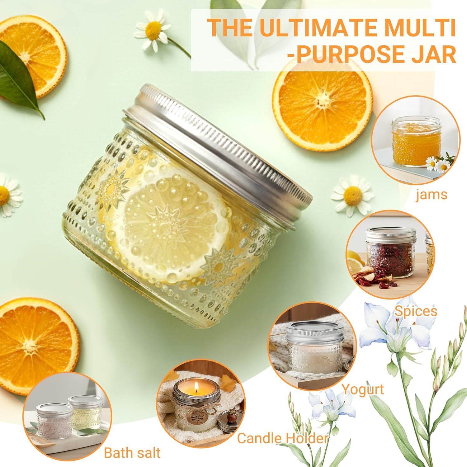 4 oz Mason Jars with Embossed Pattern 4 Pack | Small Canning Jars with Airtight