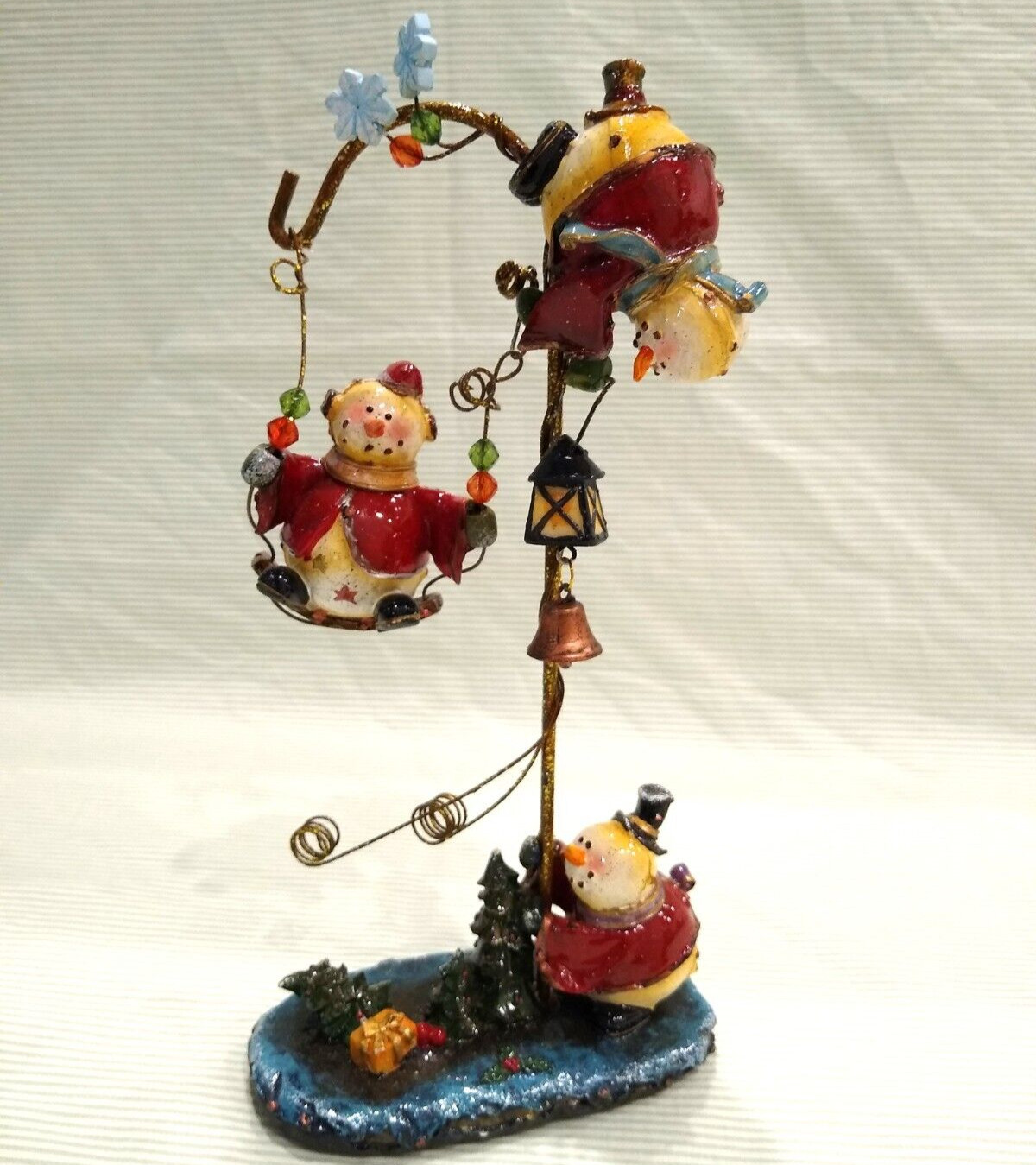 Christmas Snowman Figurine Vintage Snowmen Figure Playing Swinging on Lamp Post