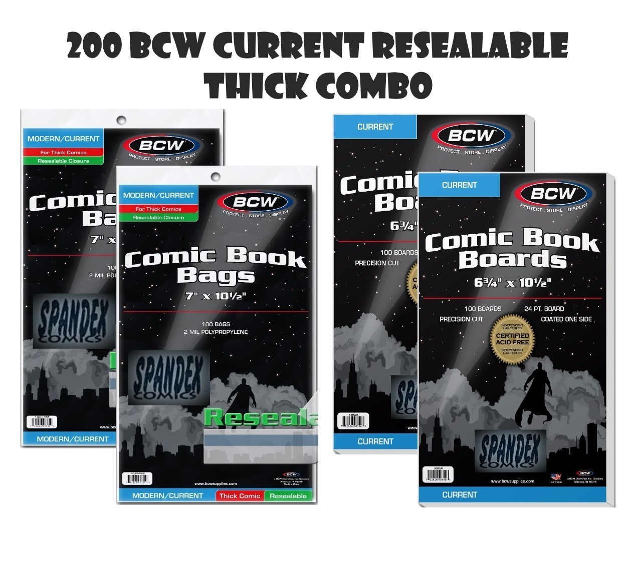 200 BCW Current Resealable Thick Poly Comic Bags & Current Boards 6 3/4″ Combo