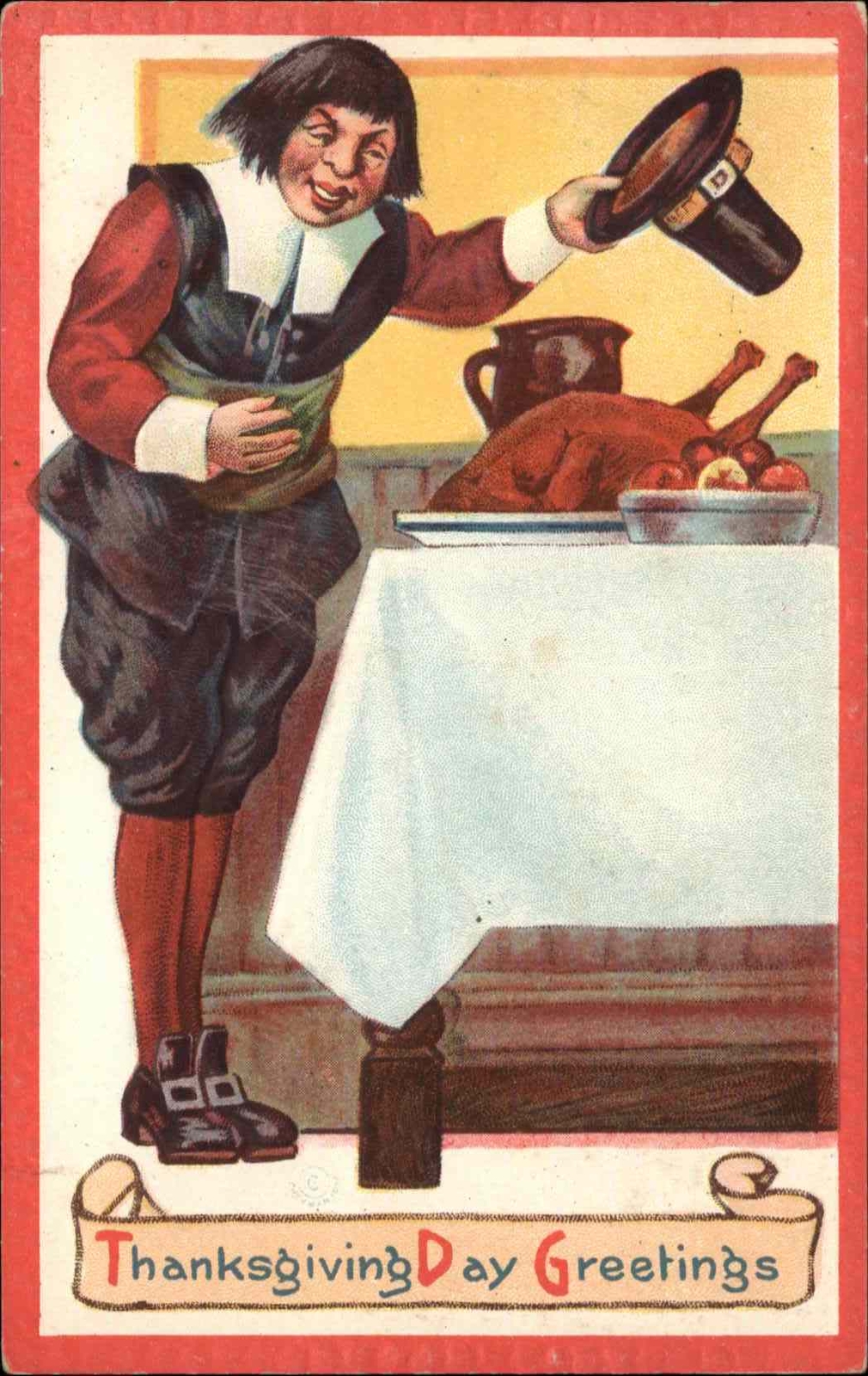 Thanksgiving Pilgrim Turkey Dinner Hat Embossed c1900s-10s Postcard