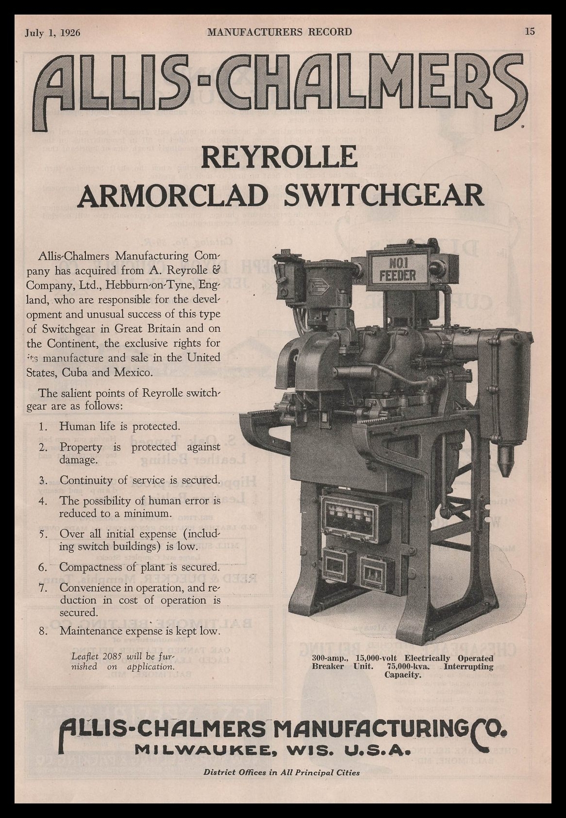 1926 Allis Chalmers Milwaukee Wisconsin Reyrolle Amorclad Switchgear Print Ad