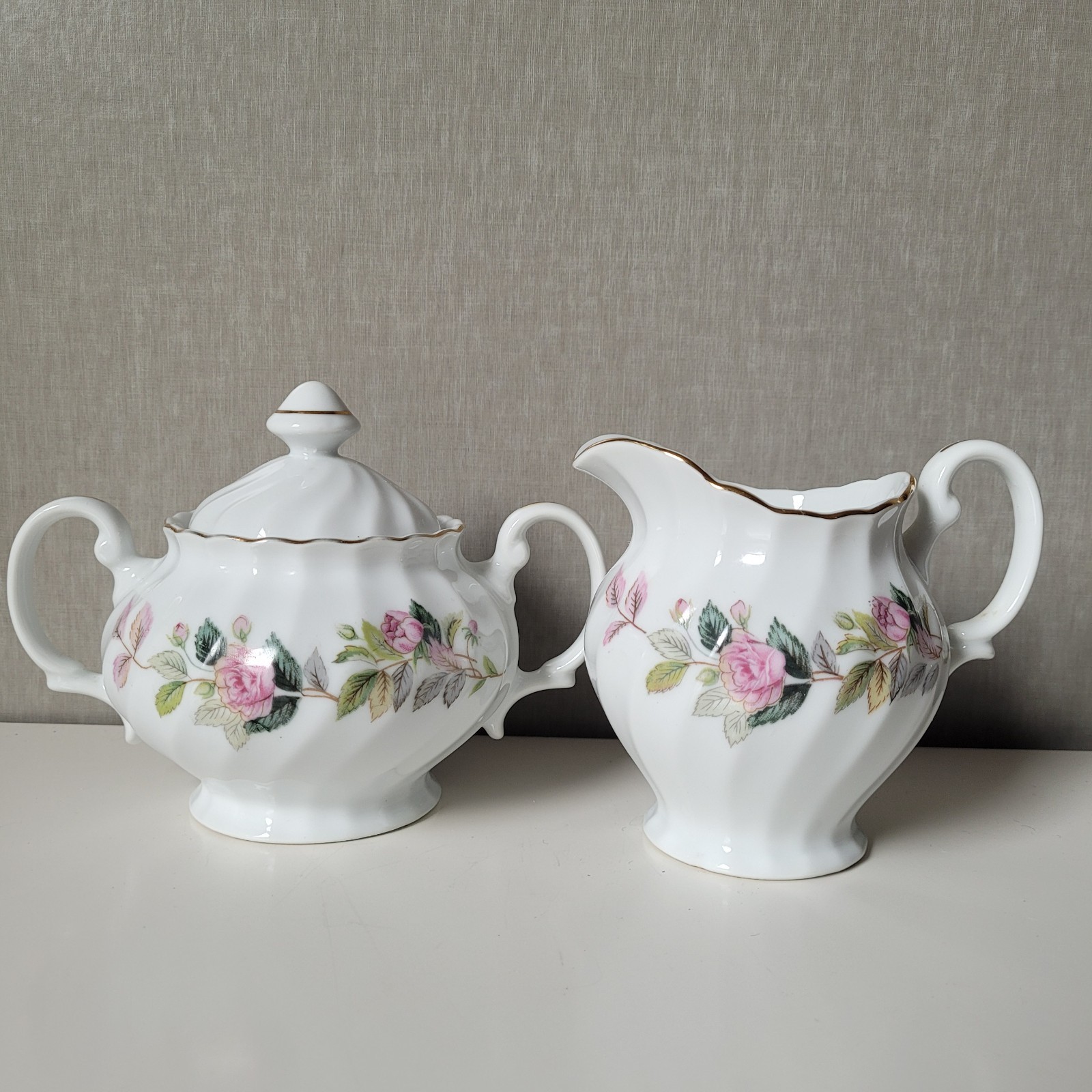 Vintage Regency Rose China Sugar Bowl & Lid and Creamer Set Pink Floral Cottage